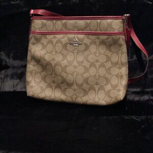 Coach - Brown and Cranberry Canvas Print Logo Crossbody